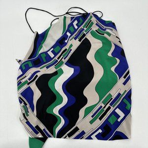 Vintage Julie Brown Halter Top 100% Silk Mod Retro Green Black Blue ONE SIZE